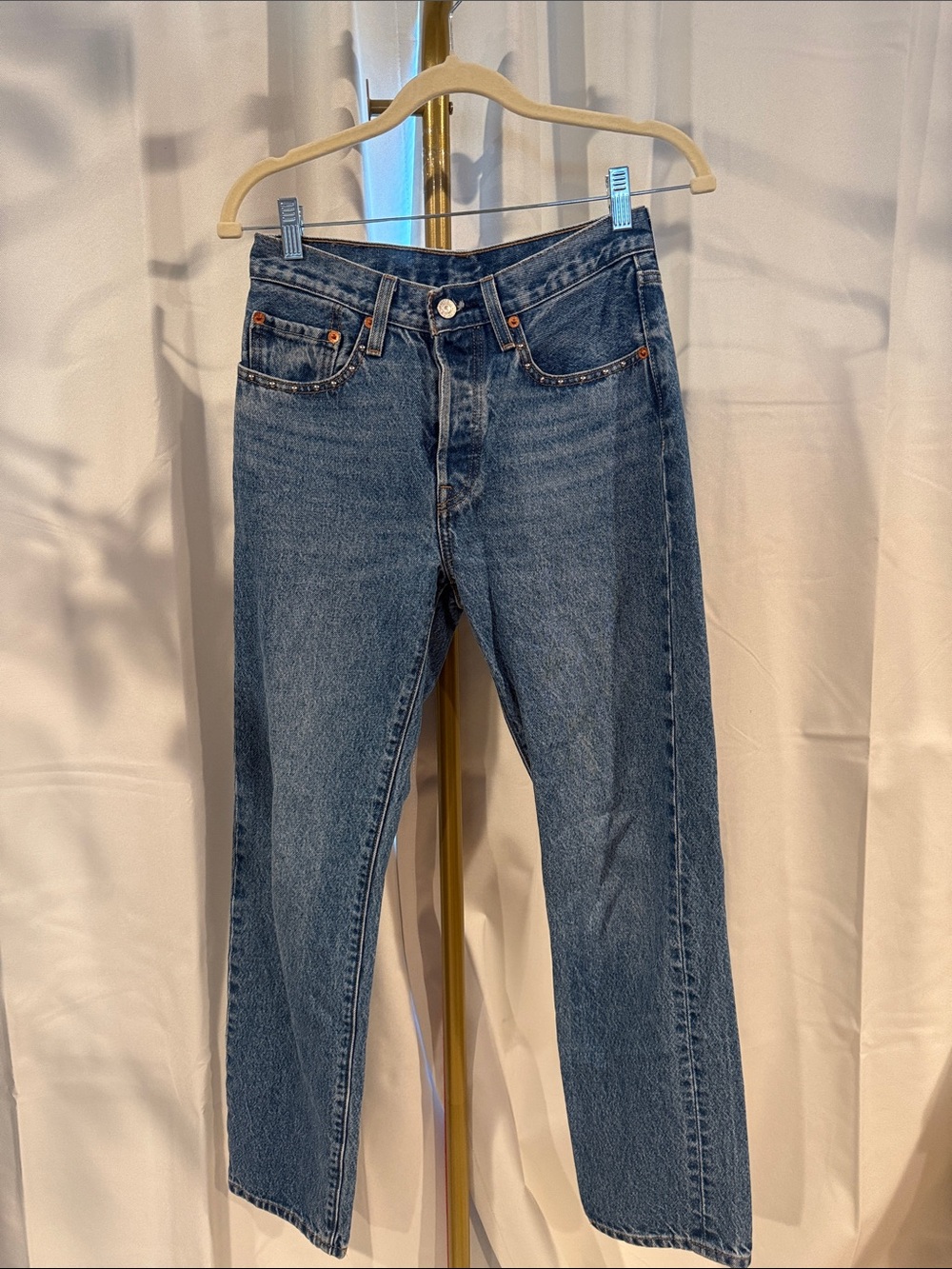 RARE Levi’s 501 Straight Leg Wedgie Jeans Silver Studded Pockets
